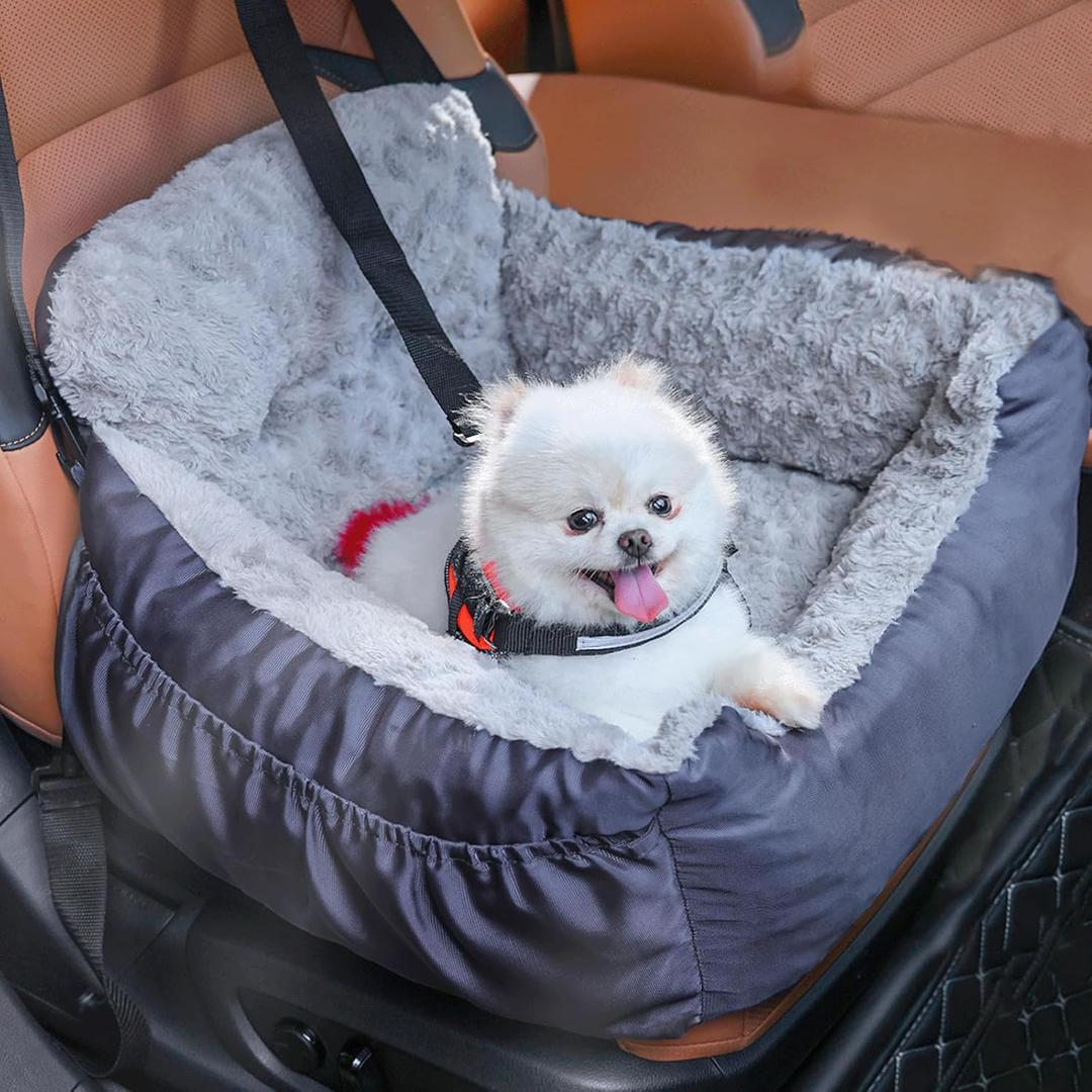 Dog Car Seat for Small Dogs,Washable Pet Booster Car Seats with Clip-On Safty Leash, Comfy Deluxe Plush Carseat with Storage Pockets, Puppy Car Travel Carrier Bed for Dogs Under 25 lbs, Grey