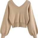 ZAFUL Women's Cropped Sweater V-Neck Long Sleeve Crop Sweater Pullover Jumper Knit Top (Beige, M)