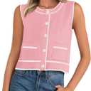 PRETTYGARDEN Vest For Women 2025 Summer Casual Button Down Color Block Sweater Vest Ribbed Knit Tank Tops With Pockets (L)