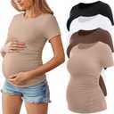 Huukeay 4 Pack Women's Maternity Shirts, Crew Neck Maternity Top Short Sleeve Casual Cotton Tee Side Ruched Pregnancy Clothes (Medium, Black, Khaki, Coffee, White)