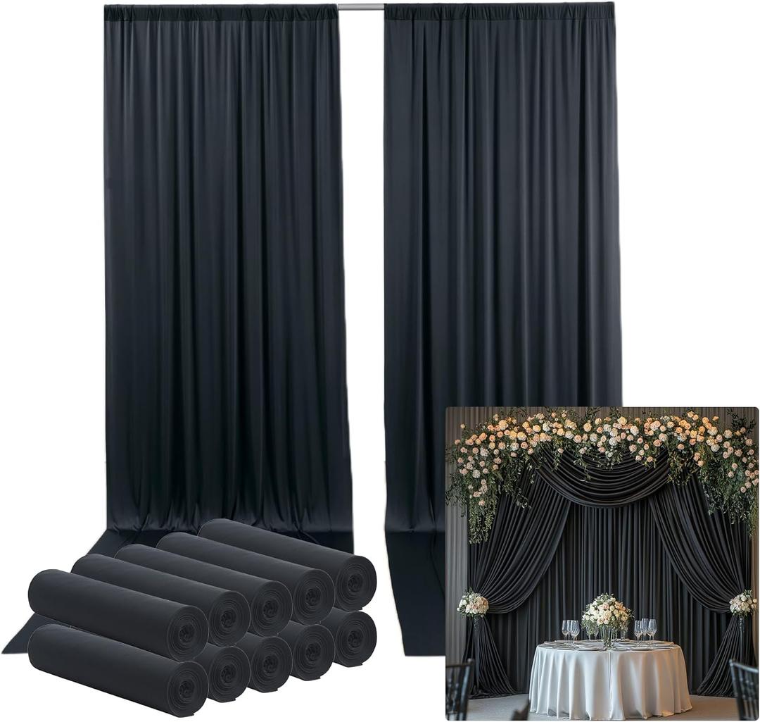 50ftx14FT Wrinkle Free Black Backdrop Curtain, 10 Panels 14FT Height Black Wedding Backdrop Drapes, Silky Polyester Back Drop Cloth for Birthday Photography Background Party Backdrop Draping