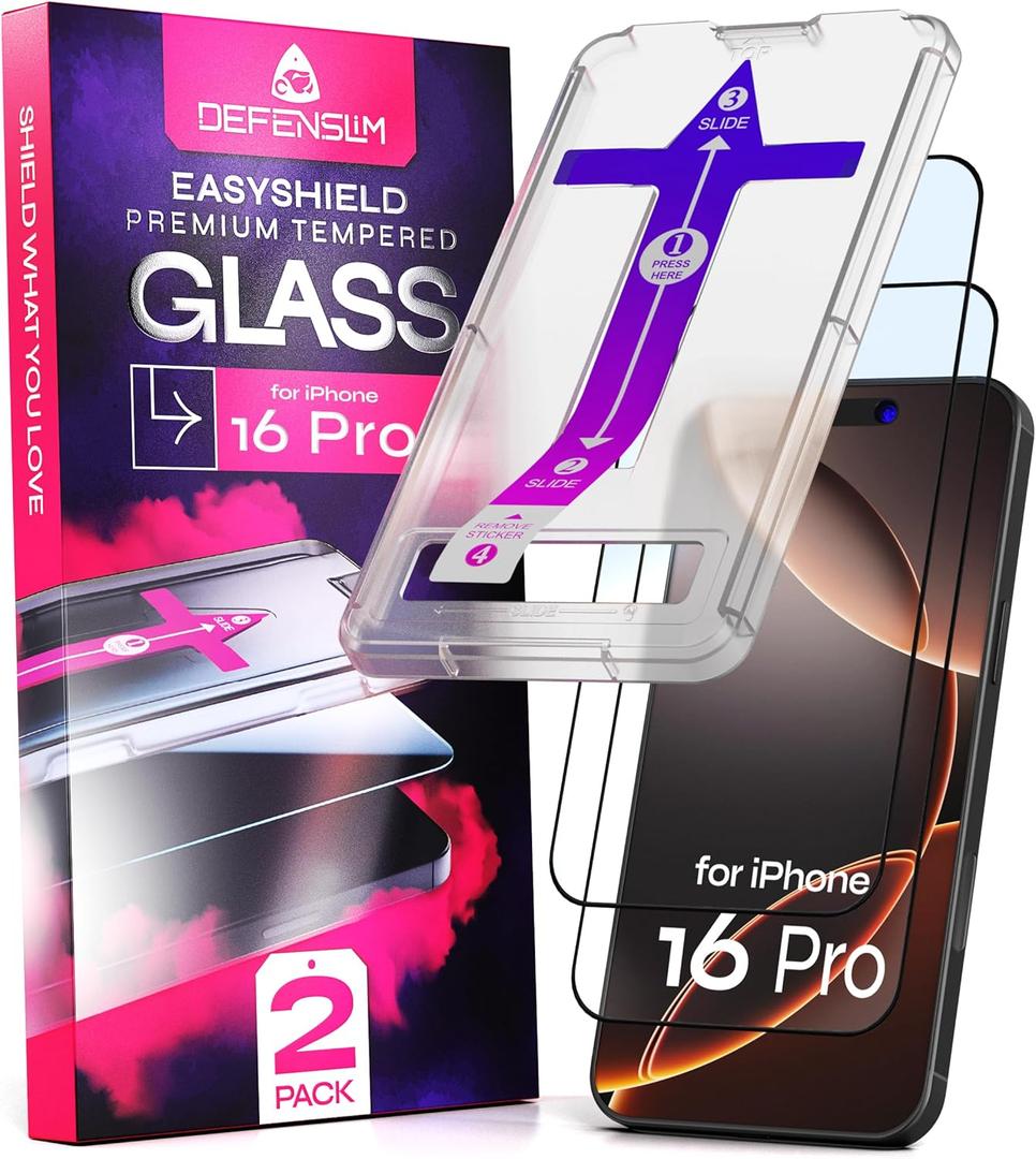 Defenslim Screen Protector for iPhone 16 Pro (2Pack), Easy Auto-Align Install Kit, 6.3" Tempered Glass, 9H Hardness, Ultra HD Clear, Case Friendly, EasyShield