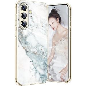 Marble Case for Samsung Galaxy S24 FE 5G, Soft Silicone Clear TPU Case for Women, Cute White Blue Marble Pattern Slim Anti-Scratch Shockproof Protective Cover for Samsung S24 FE 6.7-inch (Snowy)