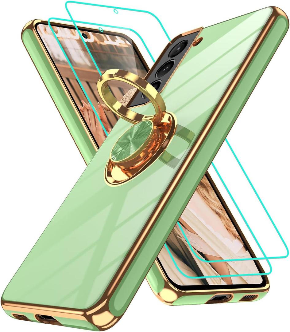 Gritup for Samsung Galaxy S21 Case: with 2Pcs Screen Protector, 360 Rotation Ring Holder Magnetic Kickstand Plating Gold Edge Soft TPU Shockproof Protective Cover for S21, Pea Green