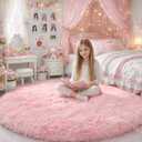 Pink Round Area Rugs 6Ft for Bedroom Living Room, Big Fluffy Shag Circle Rug for Kids Playroom, Cute Preppy Room Decor for Teen Girls, Cozy Fuzzy Furry Plush Carpets for Baby Nursery, Dorm, Classroom
