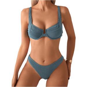 SweatyRocks Women's 2 Piece Bikini Set Striped Print Spaghetti Strap Push Up Swimsuit (Medium, Dark Green)