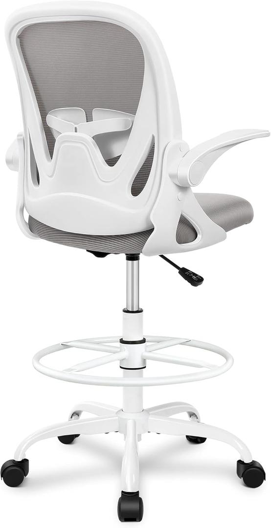 Primy Ergonomic Drafting Chair with Flip-up Armrests Tall Office Chair for Standing Desk Comfortable Desk Chair with Adjustable Footrest Ring and Lumbar Support in Gray Perfect for Home and Office Use (934-Z, Grey)