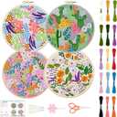 BEUNITONE 4 Set Leaves and Flowers Embroidery Kit for Adults Beginners DIY Starter Set with Stamped Flower Designs Needlework Fabric Embroidery with Instruction Cross Stitch Kits for Home Decor 8''