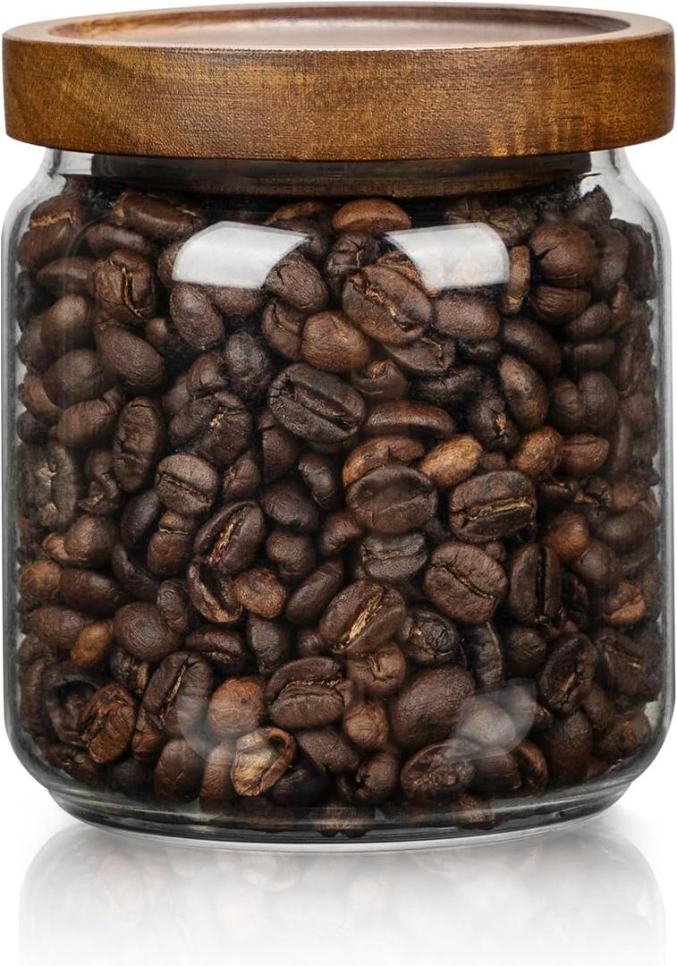 1 PC Small Glass Storage Jars with Airtight Lids, 17 fl oz (500ml) coffee container with Wooden Lid, Glass Pantry Canister for Beans, Rice, Sugar and etc