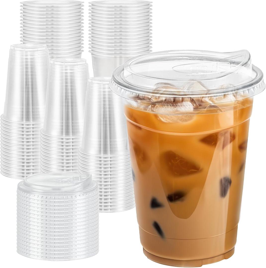 Clawsoff 16 oz 100 Pack Clear Plastic Cups with Lids, Sturdy Iced Coffee Cups with Sip Lids, Disposable Food Safe Smoothie Cup for Cold Drinks, Juice, Milkshake