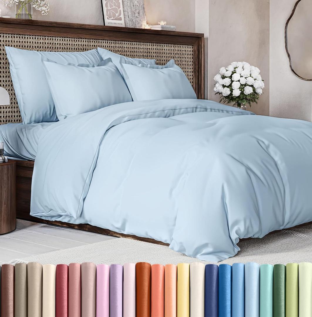 Duvet Cover Full Size - Extra Soft Full Size Duvet Cover - Lightweight, Breathable & Cozy - Easy Care & Fade Free w/ Zipper Closures & Ties - 80" x 90" Inches - (Light Blue) Comforter Not Included