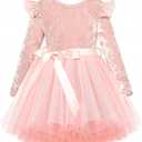 UNICOMIDEA Toddler Velvet Dress 3t Little Girls Ruffle Long Sleeve Tulle Baby Girl Dresses for Birthday Party, Pink, 2-3t