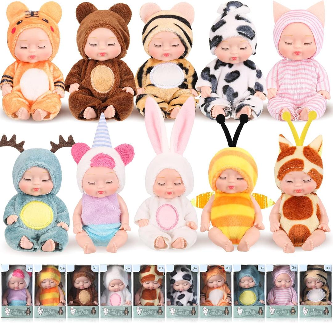 Hanaive 10 Pcs 4 Inch Mini Baby Dolls Lifelike Realistic Tiny Baby Dolls with Animal Clothes Cute Infant Figurine Gifts Set for Toddlers Girls Kids 3+ Easter Graduation Birthday(Lovely Style)