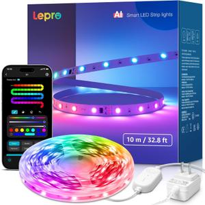 Lepro S1 AI LED Strip Lights for Bedroom - 32.8ft Smart RGB Light Strips with IC and Rainbow Chasing Effects, Color Segment DIY, Personalized Al Lighting Designer, No Remote, 2.4G Wi-Fi & Bluetooth