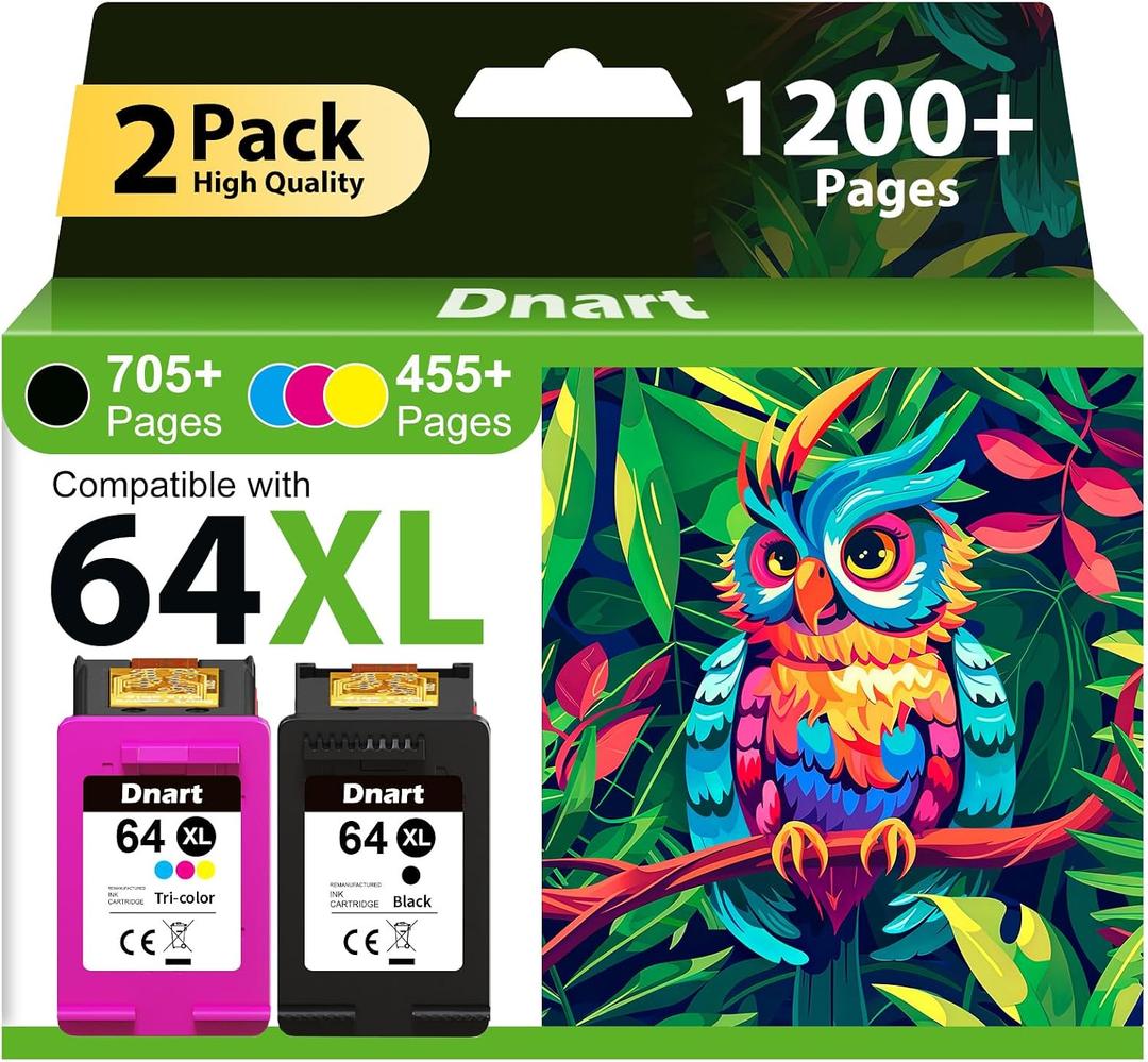 64XL Ink Cartridges Black and Color Compatible for HP Ink 64 Ink Cartridge Combo Pack for HP64 XL Ink Fit for Envy Photo 7855 7858 7155 7120 7800 6252 6255 7158 7100 7164 Tango Series Printer (2 Pack)