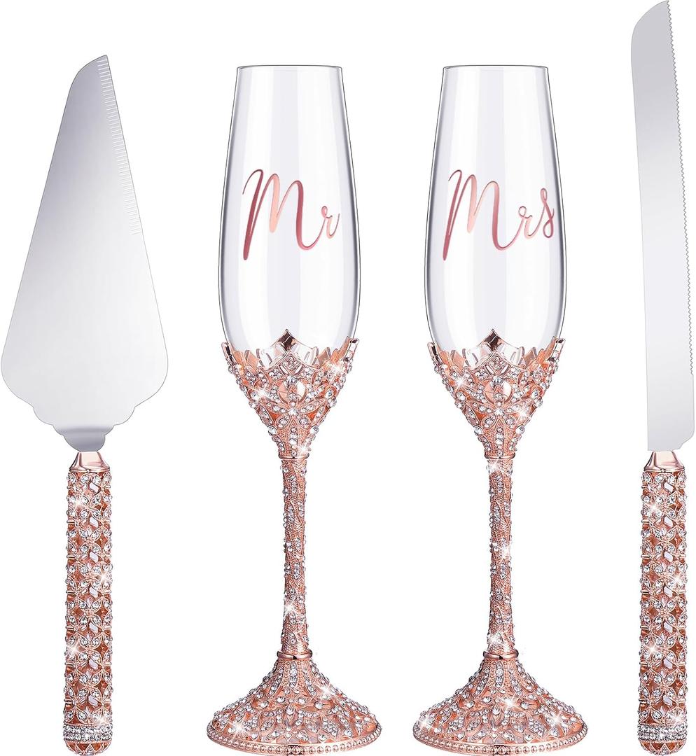 Sratte 4 Pcs Wedding Cake Knife and Champagne Flutes Server Set, Toasting Crystal Rhinestone Champagne Flutes Glasses Cake Knife Pie Server Wedding Gifts for Couple Bride Groom (Rose Gold)
