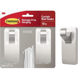 Command 10 lb Satin Nickel Curtain Rod Hooks, 2 Hangers and 4 Strips, No Drilling Home Decor and Room Decor, Use with Rod Diameters 0.5-0.75"