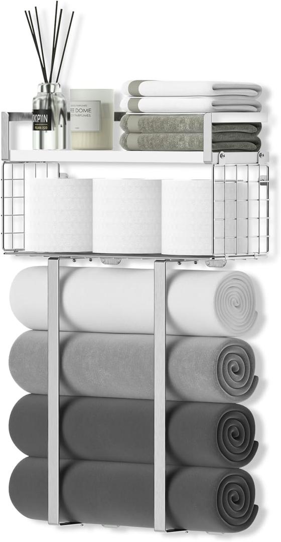 Towel Racks for Bathroom, Bathroom Shelf Over Toilet,Floating Shelves with Towel Rack Paper Holder Storage Basket,Floating Shelves for Wall Decor,Silver (Large)