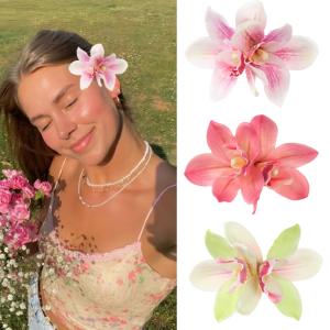 2 x 3pcs Hawaiian Orchid Hair Clips for Women - Artificial Flower Barrettes for Summer Beach Wedding