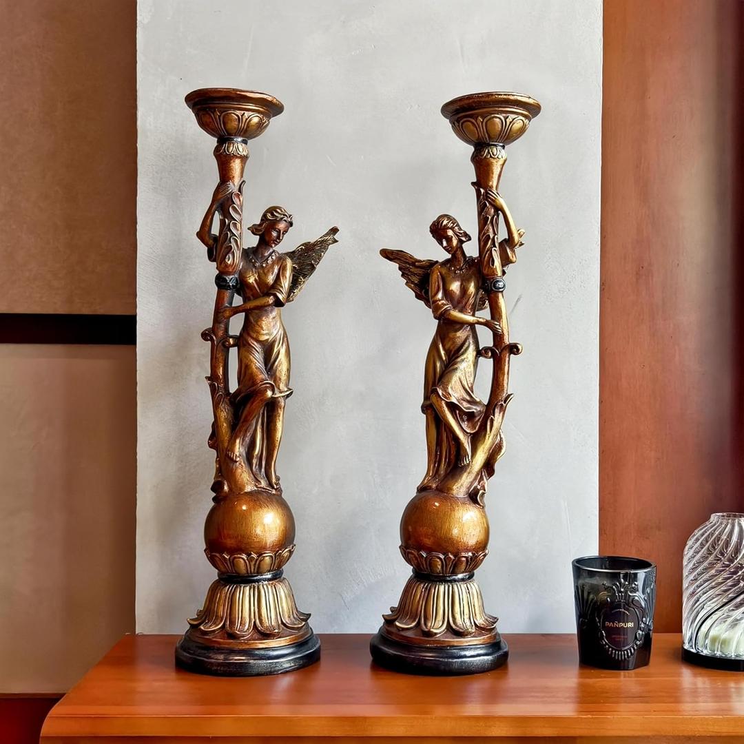 23H Large Antique Bronze Angel Candle Holder Set of 2 Statue Elegant Home Wedding Decor Church Altar Holiday Display Perfect Pair of Heavenly Decorations