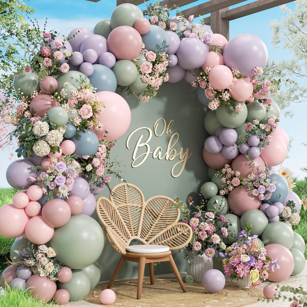 141pcs Pastel Balloon Arch Kit with Sage Green Dusty Purple Pink and Blue Balloons for Wildflower Floral Flower Baby in Bloom Baby Shower Gender Reveal Birthday Party Decorations
