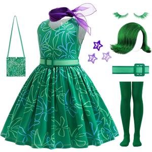 RuuYiicoco 10Pcs Girls Green Costume Cosplay Dress up Halloween Outfits with Wig (Green, 9-10 Years)