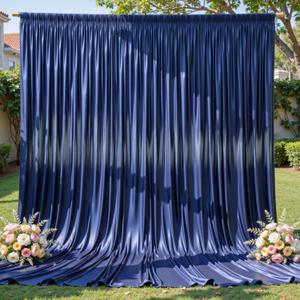 Navy Blue Satin Backdrop Curtains for Parties, 2 Panels 5FTx12FT Wrinkle Free Glitter Background Photo Backdrop Drapes for Wedding Birthday Photography Back Drop Cloth Holiday Festival Decor