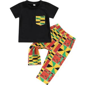 Mubineo Toddler Baby Girl Boy 2pcs African Print Outfits Kente Dashiki Clothes T Shirts Pant Sets (18-24 Months, Black Yellow)