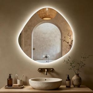 30 x 30 Inch LED Asymmetrical Bathroom Mirror with Lights, Irregular Backlit LED Vanity Mirror for Wall, 3 Color Lights, Anti Fog Mirror for Bathroom, Dimmable Light, Horizontal/Vertical