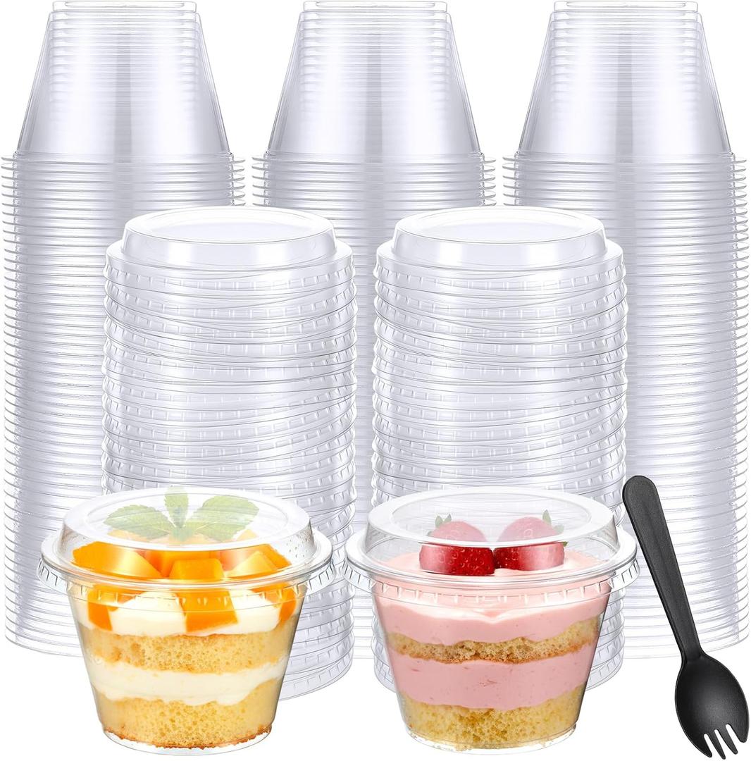 200 Pack Clear Plastic Cups 6 oz Dessert Yogurt Parfait Banana Pudding Pet Disposable Cups with 200 Pcs Sporks for Fruit Ice Cream Party