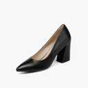 Women Summer Square High Heel Pumps PU Leather Pointed Toe Shoes - Black, 8