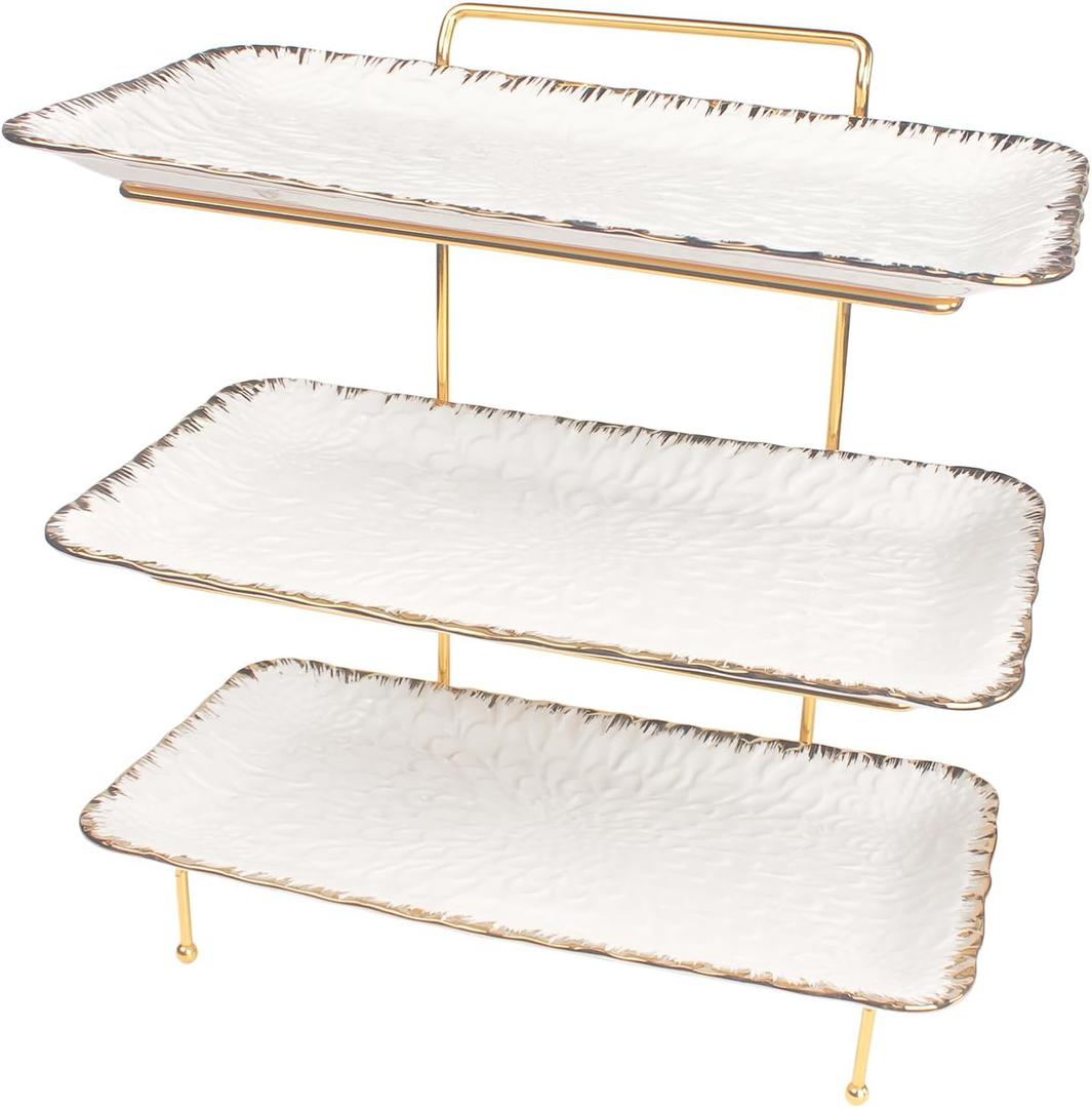 Three-Tier Ceramic Plate Rack - Foldable gold plate rack with three large 14-inch white plates for displaying food, fruit, desserts, and entertaining guests.