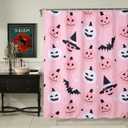 Cute Halloween Fabric Shower Curtain Aesthetic Funky Bathroom Decorations, Pink Trendy Scary Jack Pumpkins Bats Witch Hats Gothic Halloween Fall Girls Kids Shower Curtain Set with Hooks