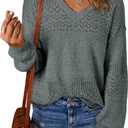 SHEWIN Womens Sweaters Casual Long Sleeve V Neck Lightweight Crochet Pullover Sweater Tops (Large, B Mist Green)