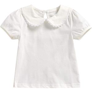 MODNTOGA Kids Baby Girl Long Sleeve Collar Shirt Toddler White Blouse Puff Short Sleeve T-Shirt Solid Color Basic Top Bottom (12-18 Months)