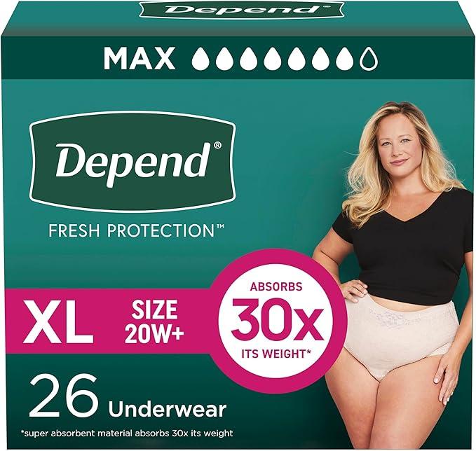 Depend Fresh Protection Adult Diapers, Incontinence & Postpartum Bladder Leak Underwear for Women, Disposable, Maximum, ExtraLarge, Blush, 26 Count, 