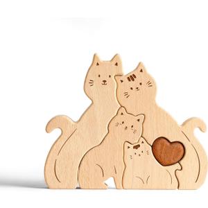 Wooden Cat Family Puzzle, Personalized Wooden Puzzle Customized 4 Name Puzzle for Home Crafts Decor, House Warming Birthday Family Party for Mother's Day New Baby