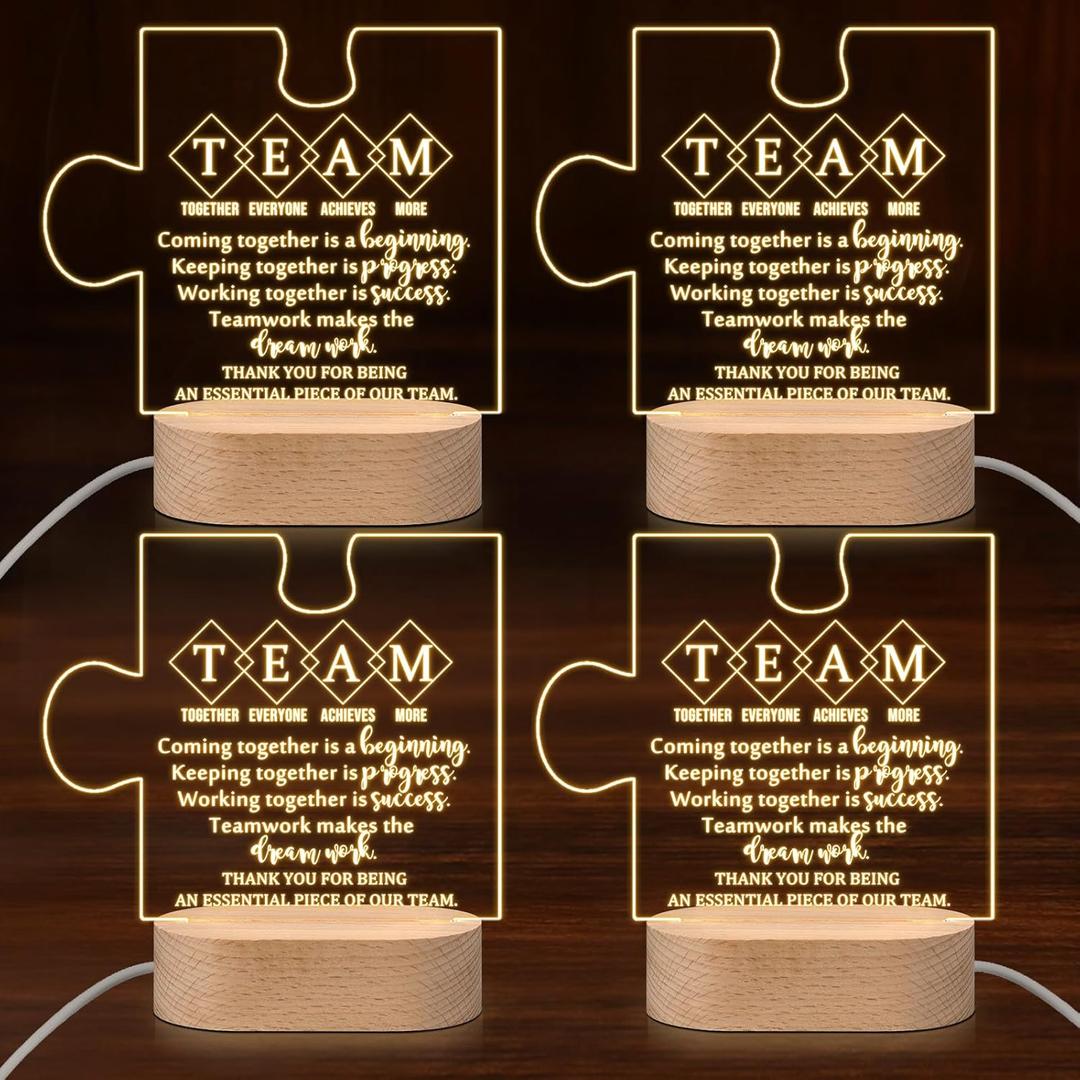 Sumind 6 Team Building Appreciation Gift for Employee Inspirational Acrylic LED Night Light Engraved Lamp Wood Base Thank You Gifts for Team Member Volunteer Coworker (Puzzle)