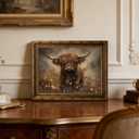 Vintage Gold Framed Highland Cow Wall Art, Moody Cow in Wildflowers Painting Canvas Prints, Retro Farmhouse Animal Picture Wall Decor, Spring Animal Poster Artwork for Bathroom Restroom Living Room, 24"L x 16"W