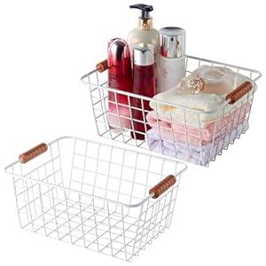 Wire Kitchen Storage Basket 2 Packs,Perfect Pantry Organization Accessories Baskets,Laundry Basket,With a Wooden handle,Suitable for Kitchen,Bathroom,Bedroom,Tabletop,Stackable