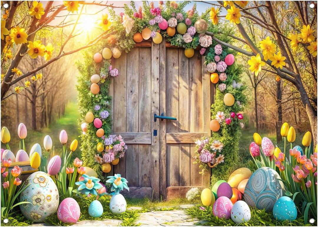 Easter Photo Backdrop Spring Backdrop Rustic Wooden Door with Colorful Easter Eggs Sunlit Spring Forest Background 10x7FT FW92