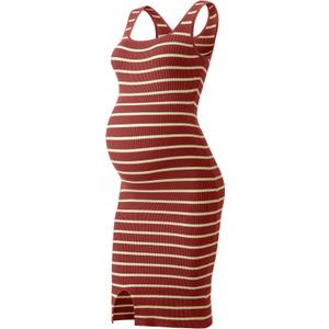 SUNNYBUY Women's Striped Maternity Dress Summer Tank Bodycon Dresses Knit Slit Pregnancy Clothes (Large, Brick Red-cream Stripe)