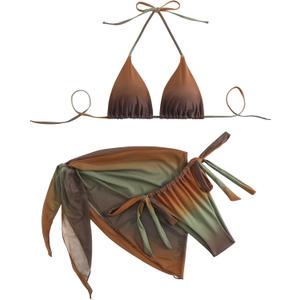 SEGT Women's 3 Piece Swimsuit Triangle Halter Side Tie Thong Bikini Set with Cover Up Skirt (Large, Brown Green Multi)
