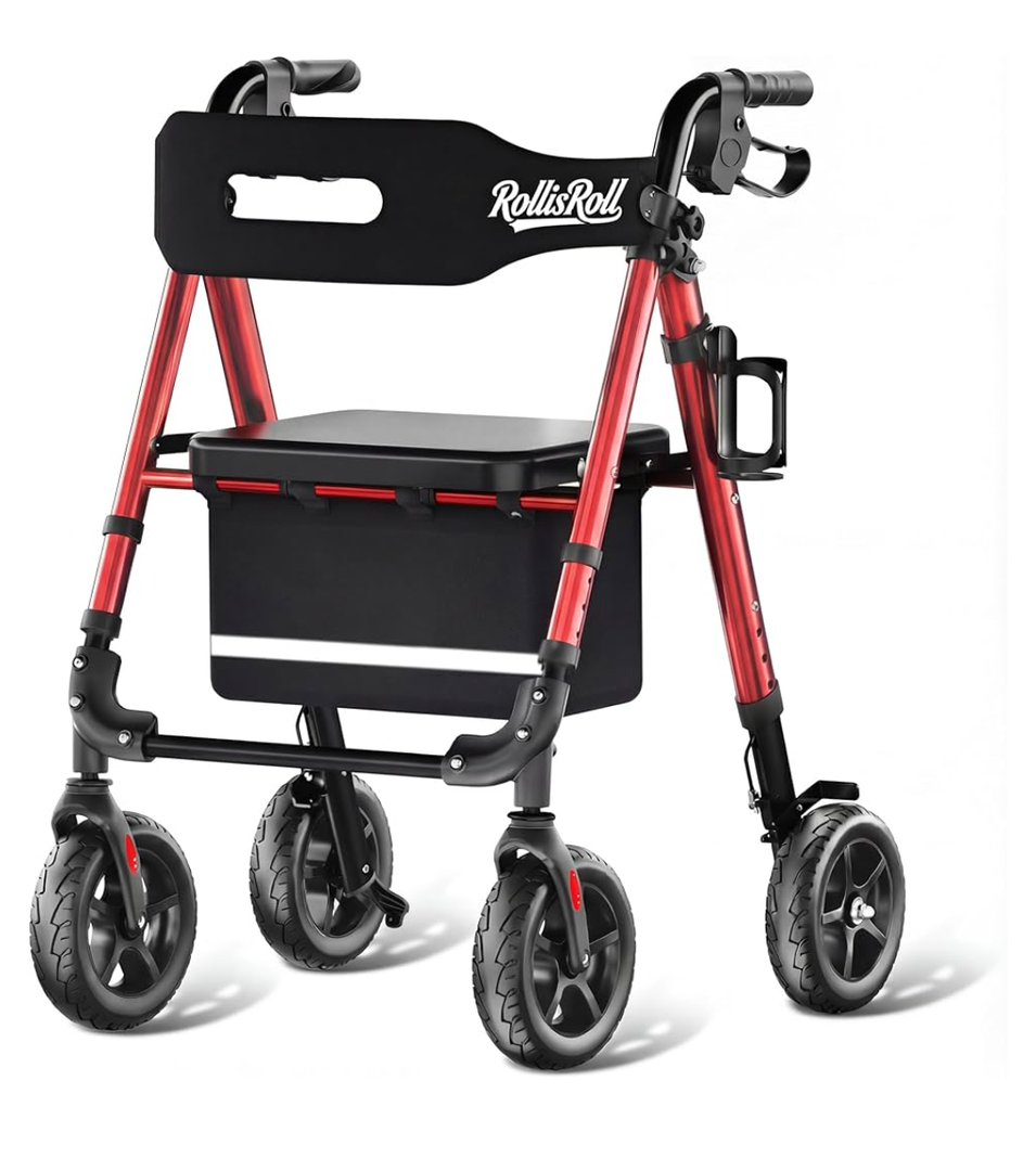 Walkers for Seniors Taller 5.3~7ft, Lightweight Foldable Rollator Walker, Built in Cable, Reinforced Aluminum Frame, 8" Big Rubber Wheels for All Terrain, 350lb Weight Capacity, Burgundy