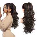 REECHO Ponytail Extension, 26 Inch Drawstring Ponytail Extension Long Curly Wavy Pony Tails Hair Extensions Synthetic Clip in Ponytail Hairpiece for Women, Dark Chocolate Brown with Highlights