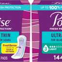 Poise Ultra Thin Incontinence Pads & Postpartum Pads for Bladder Leaks, 3 Drop Light Absorbency, Regular Length, 144 Count (Pack of 3)