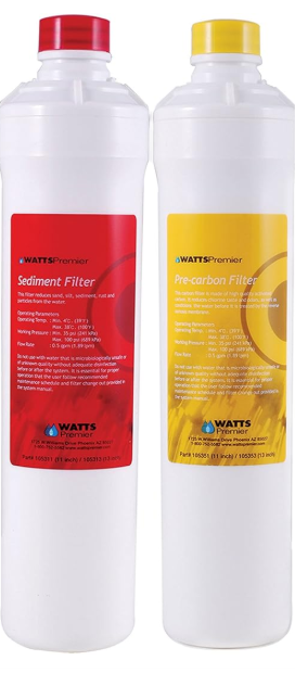 Watts Premier Annual RO Pure 2-Pack Filtration Kit for Zero/Pure Plus Reverse Osmosis System, Push Button Water Filter Replacement, 1 Sediment Filter, 1 Carbon Pre-Filter