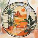 3 x Stained Glass Window Hanging,20cm/7.87inch Desert Sunset Suncatcher with Chain Garden Diamond Glass Panel Hangings Decoration for Windows Home Decor Gifts for Family Friends Colleagues