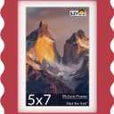 5x7 Wavy Picture Frame with Mat for 4x6, Real Glass and Wooden Frame - Tabletop or Wall Hanging Photo Frame(1 Pack, Red)