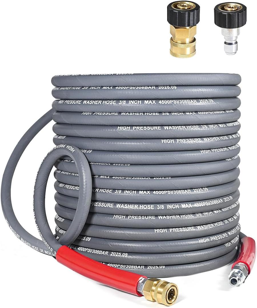 3/8 Pressure Washer Hose 50 FT 4500 PSI Steel-Braided Non-Marking Rubber | For Hot & Cold Water, Quick-Connect With M22 Fittings, Industrial-Grade Replacement for Gas Pressure Washers